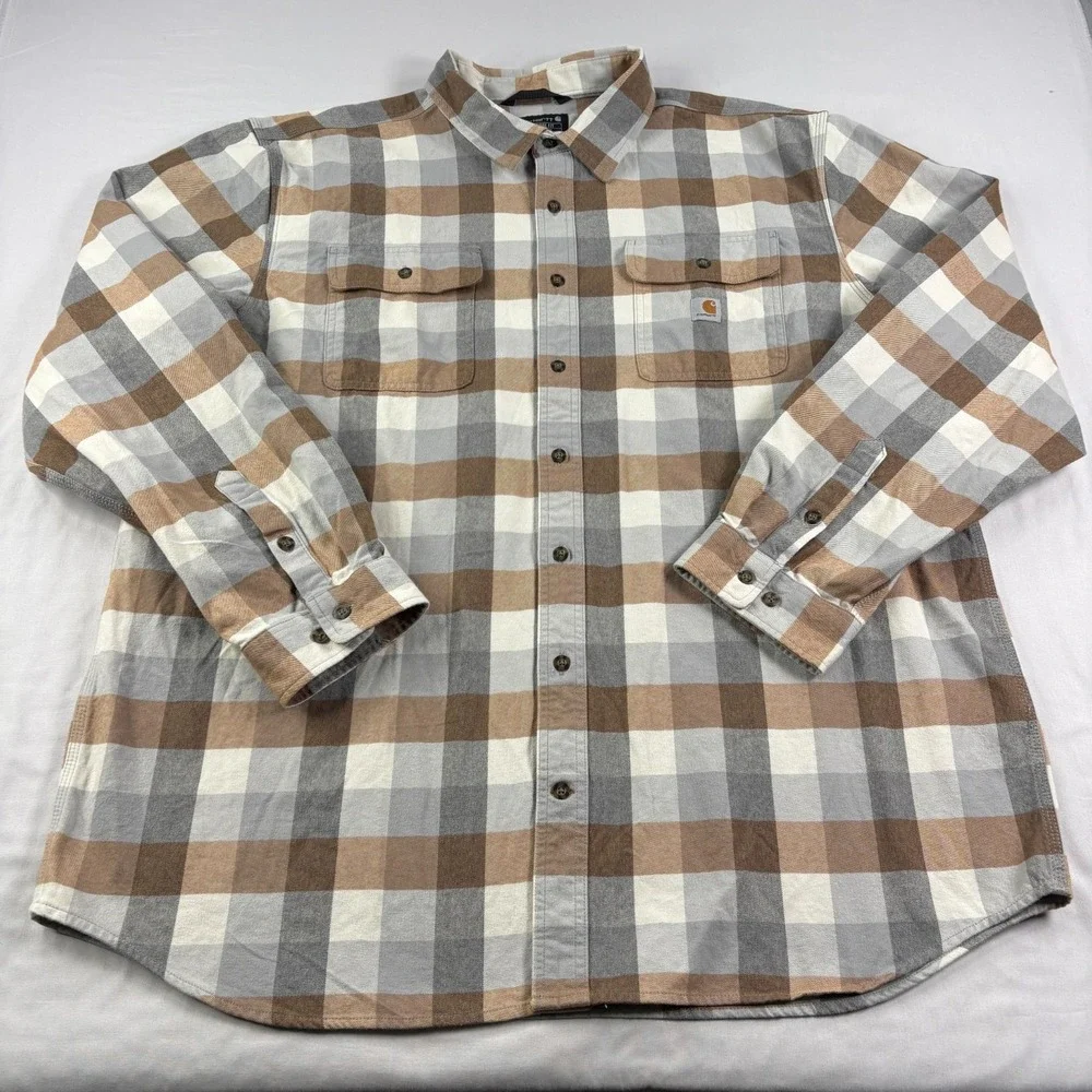 Carhartt Flannel Shirt Mens 2XLT Tall Gray Brown Heavyweight Button Up Workwear